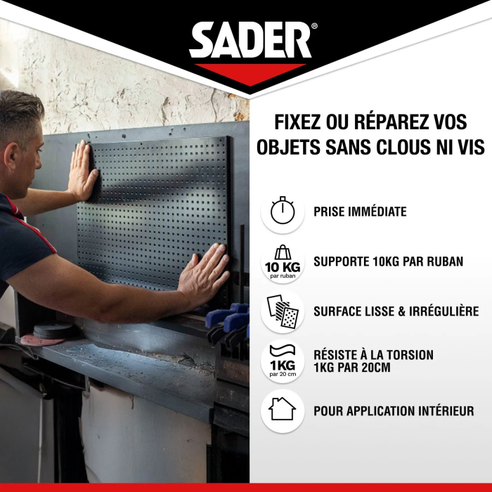 Sader - Adhesivo de Doble Cara Extra Fuerte, 2 m x 19 mm, Blanco, Soporta hasta 10 kg, Fijación sin Taladrar para Uso Interior, AAAVH55022