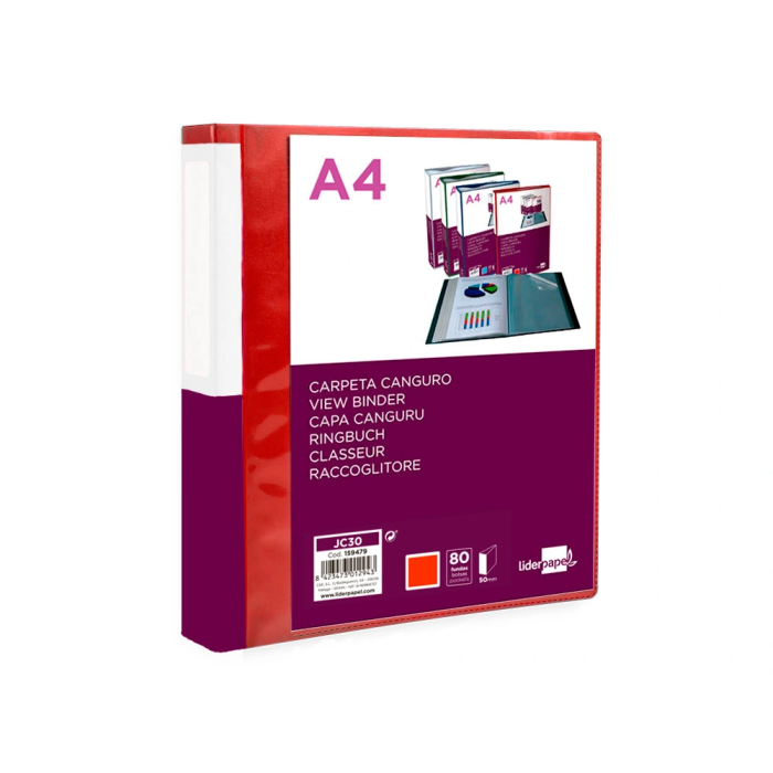Liderpapel Carpeta 80 Fundas Canguro PP DIN A4 Rojo Translucido Portada y Lomo Personalizable 4
