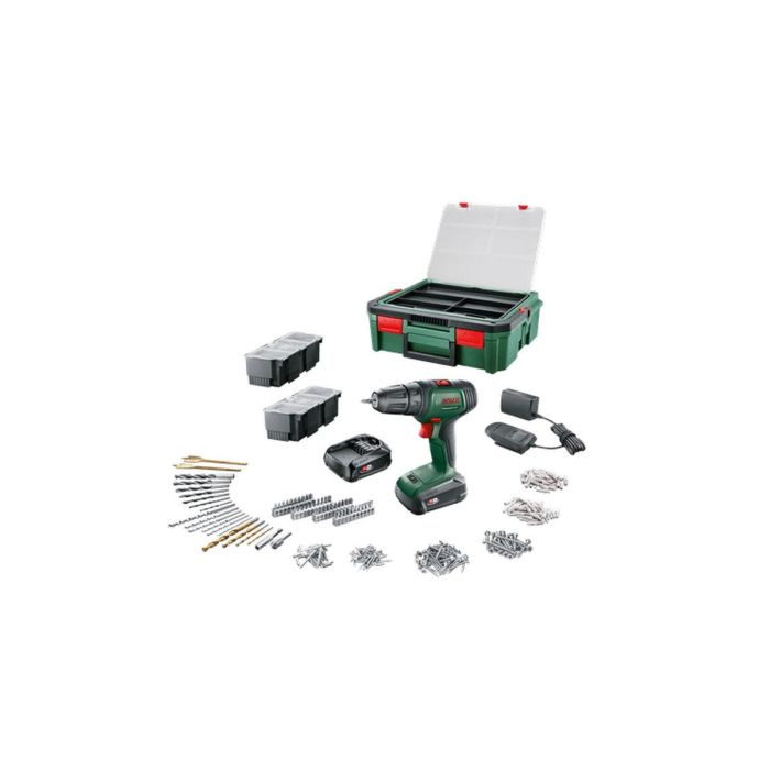 Taladro atornillador Bosch UniversalDrill 18 (2 baterías 1.5Ah + SystemBox + 241 accesorios)