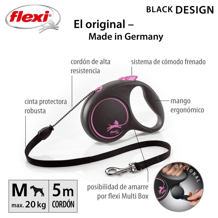 Flexi Correa Black Design Cordón M 5M Rosa Carcasa Negra Fabricada en Alemania con Plástico, Nylon y Metal 2