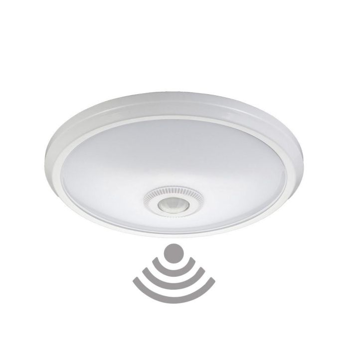 Edm Aplique LED de Superficie con Sensor de Movimiento y Crepuscular IP20, 2x E27, Blanco, Ø30x9,6cm, Tiempo Regulable