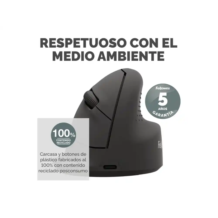 Fellowes Ratón Ergonómico Vertical Inalámbrico Bluetooth con Cable, Óptico 1600 DPI, Diestro, Negro, Hecho de Plástico Reciclado - Certificado FIRA 8 Fellowes Ratón Ergonómico Vertical Inalámbrico Bluetooth con Cable, Óptico 1600 DPI, Diestro, Negro, Hecho de Plástico Reciclado - Certificado FIRA 8