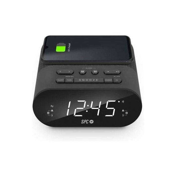 SPC Frodi QI 4587N - Radiodespertador LED con Radio FM, Base de Carga Inalámbrica Qi, Doble Alarma y Puerto USB