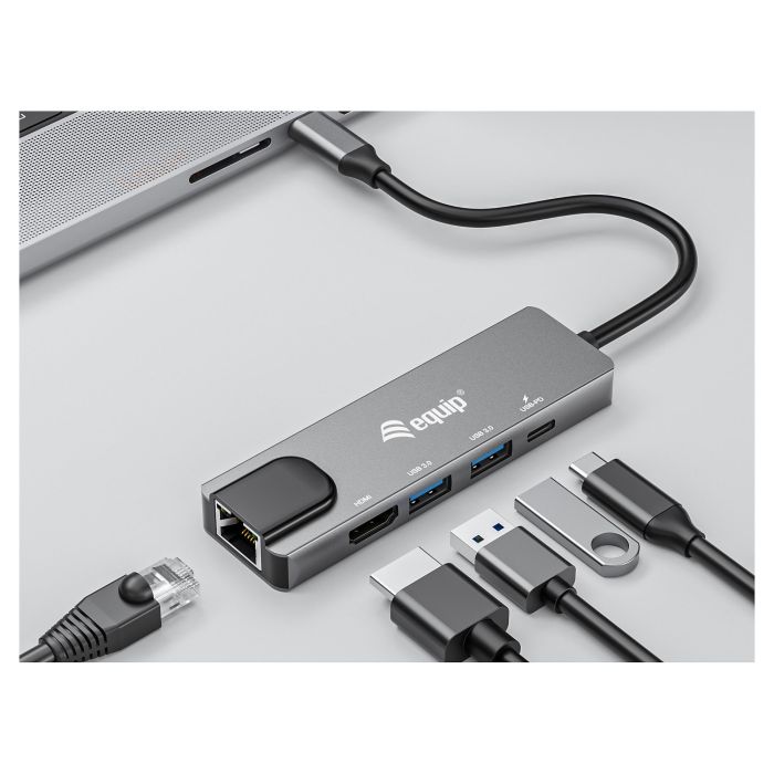 Equip Docking USB-C 5in1 USB-C 1xHDMI 4K/30Hz 2xUSB-C 1xRJ45 Gibabit 1xUSB-C Alimentacion 100WCable 25cm Carcasa Aluminio