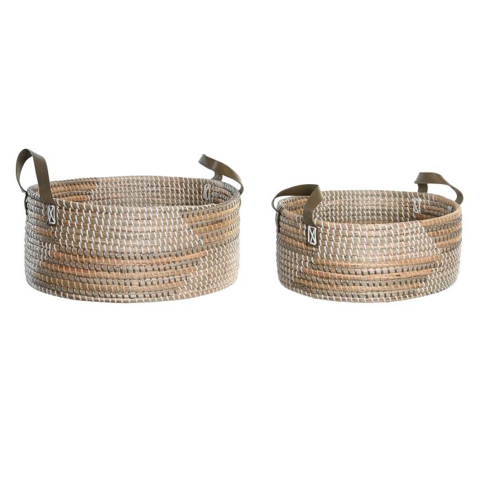 DKD Home Decor Cesta de Almacenamiento Decorativa Tropical de Seagrass y PU en Colores Natural y Amarillo, Pack de 2, Medidas 34x45x27 cm