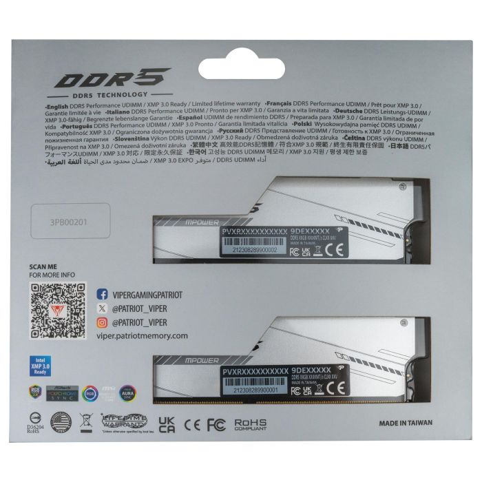 Patriot Memory Viper Xtreme 5 RGB 32GB (2x16GB) DDR5 8000MT/s PC8000 Módulo RAM DIMM Plata con ECC y RGB