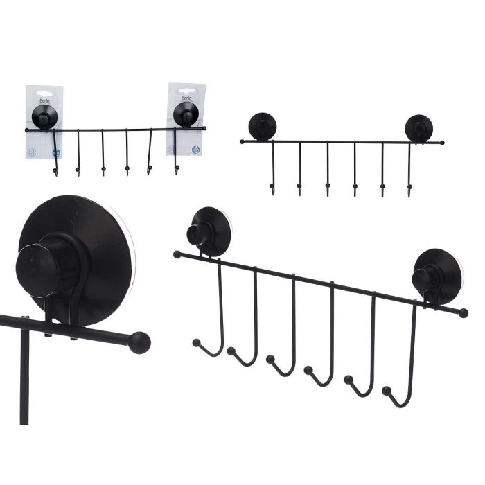 Percha de Metal Negro Mate con 6 Ganchos y Ventosa - Berilo 39x16x4.9 cm (12 Unidades) Percha de Metal Negro Mate con 6 Ganchos y Ventosa - Berilo 39x16x4.9 cm (12 Unidades)