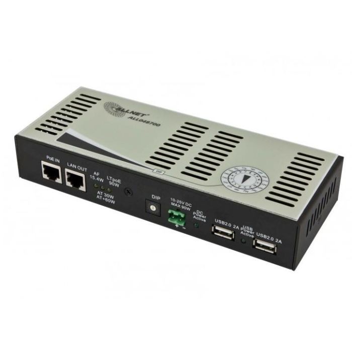 ALLNET ALL048700 PoE Splitter/Extractor LTPoE 90W 10-25V conmutable, Estándares IEEE 802.3at/af/ab/u, Negro