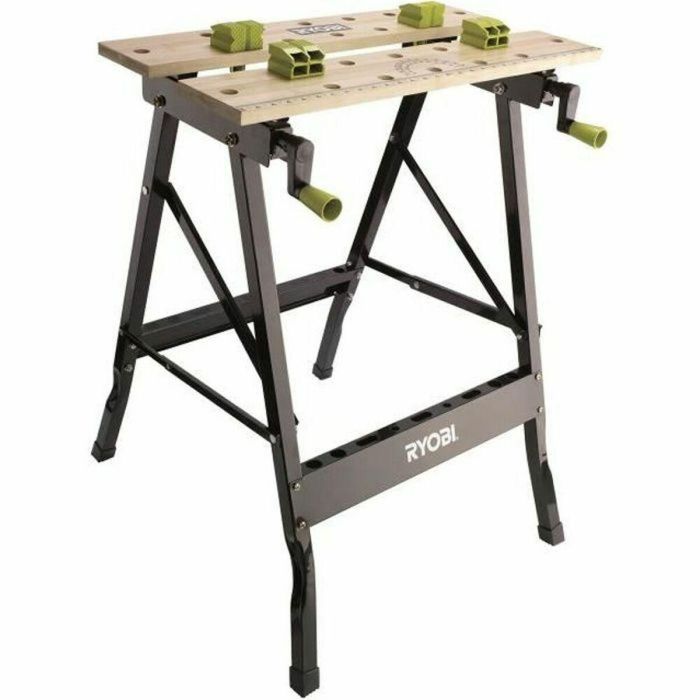 Ryobi RWB01 Banco de trabajo plegable con mesa de bambú, guías graduadas y mordazas, carga máxima 100 kg