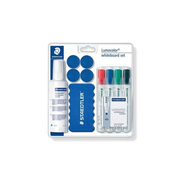 STAEDTLER Lumocolor Set de Rotuladores para Pizarra Blanca con Limpiador, Imán y 4 Marcadores, Colores Surtidos