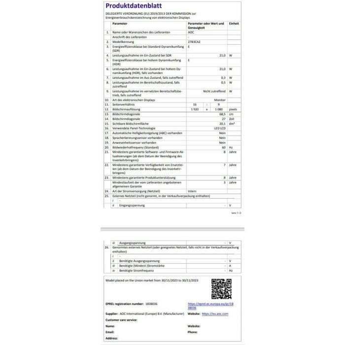 AOC Monitor 27B3CA2 27" 68,68cm 1920x1080 FHD IPS 100Hz 1ms HDMI USB-C Negro 22