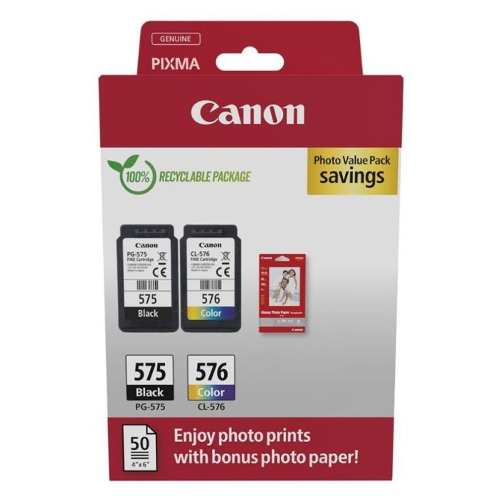 Canon Tinta Ecopack PG 575 + CL 576 Bk+ C - M - Y + 50H Papel Fotográfico 10x15 para Pixma TR 4750I-4751I-4755I - TS 3550I-3551I