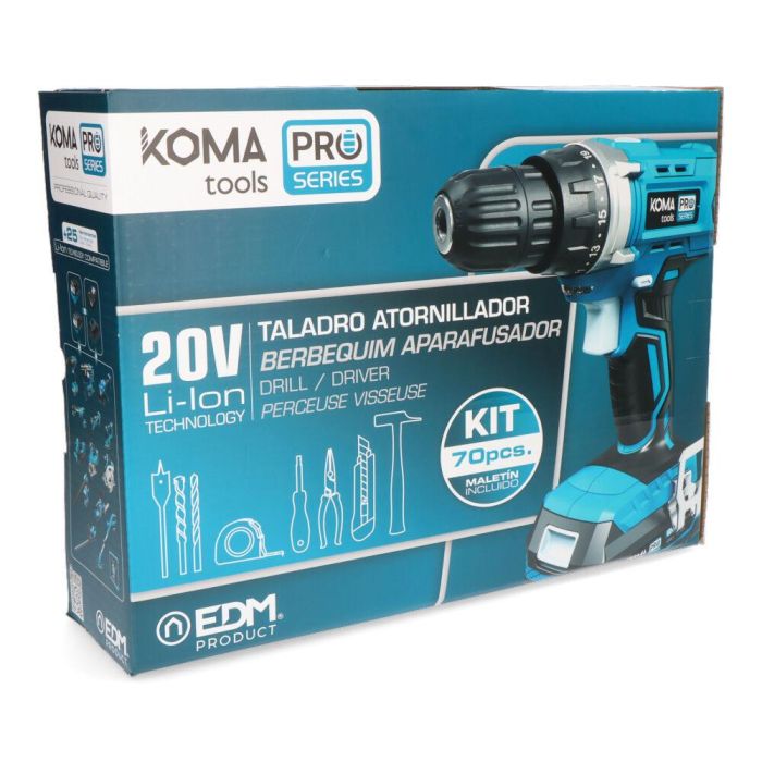 Kit maletin taladro atornillador con 70 accesorios 20v con batería y cargador koma tools 3