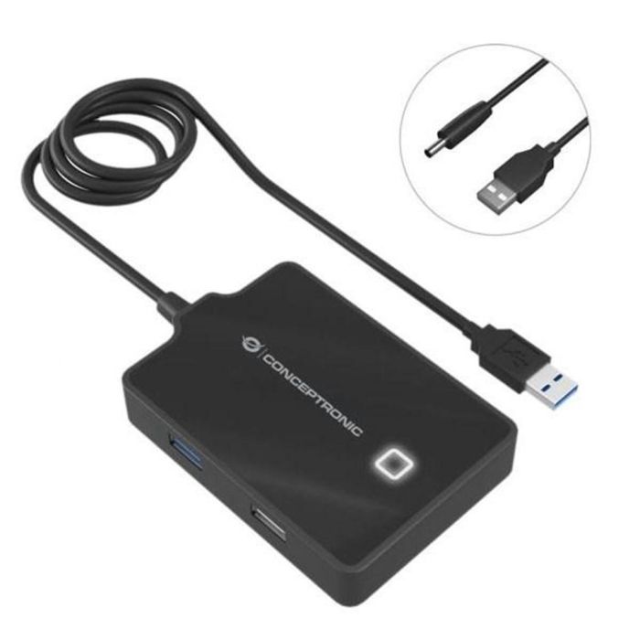 Conceptronic Hubbies10B Concentrador USB 3.0 / 2.0 de 4 Puertos Alta Velocidad 5 Gb/s con Cable de 90cm Plug and Play Negro