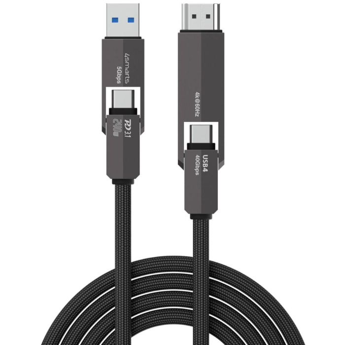 4smarts 549240 Cable USB4 HDMI ComboCord 1.5m, Carga Rápida 240W, 40 Gbit/s, 4K a 60Hz, Negro