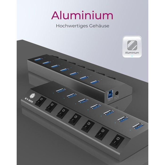 USB3.0 HUB 7Port ICY BOX 7xUSB3.0 (An-/Ausschalter für jeden Port) aktiv mit Netzteil Grey 2