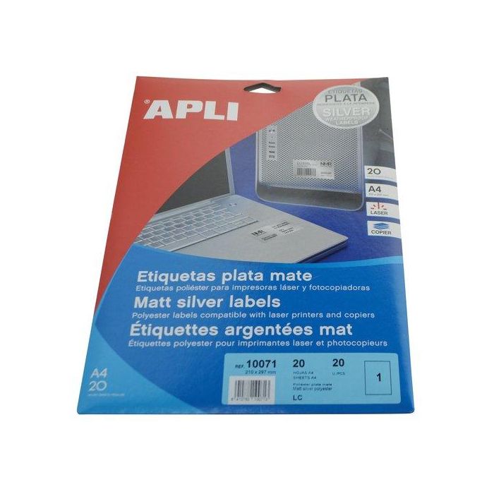 Apli Etiquetas Adhesivas Metalizadas C-Rectos 210x297 mm Láser Cantos Rectos Plata 20 Hojas