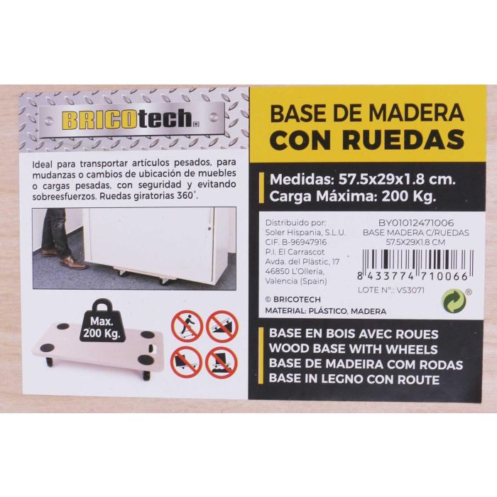 Bricotech Base de Madera con Ruedas 57.5 x 29 x 1.8 cm (6 Unidades) 4 Bricotech Base de Madera con Ruedas 57.5 x 29 x 1.8 cm (6 Unidades) 4
