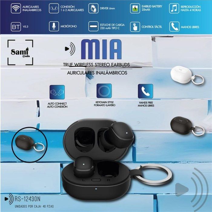SAMI Auriculares Inalámbricos MIA TWS, Negro, Mini Llavero, Batería 25mAh, 230mA, Bluetooth