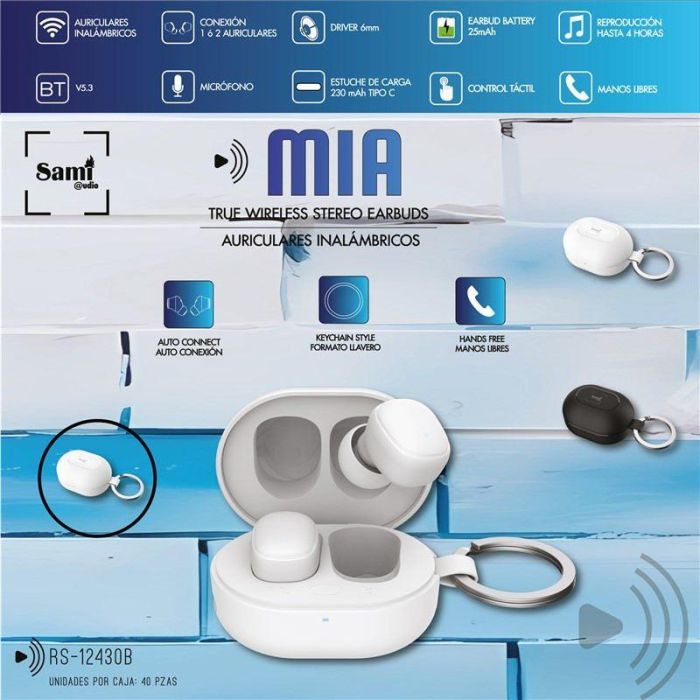 SAMI Auriculares MIA TWS Blanco Mini con Llavero - Batería 25mAh y 230 m de Alcance, Bluetooth