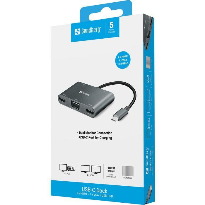 Sandberg 2xHDMI+1xVGA+USB+PD USB-C Dock Multi-Monitor con Puerto de Carga para Portátil 2 Sandberg 2xHDMI+1xVGA+USB+PD USB-C Dock Multi-Monitor con Puerto de Carga para Portátil 2
