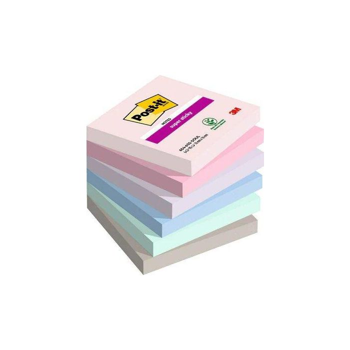 Post-it Bloc de notas adhesivas Super Sticky Soulful, 76x76 mm, 90 hojas, pack de 6 blocs colores surtidos, 100% PEFC