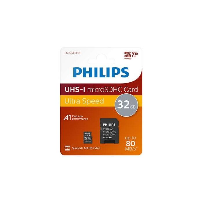 Philips FM32MP45B/00 Tarjeta MicroSDHC 32GB Clase 10 UHS-I U1 con Adaptador 1 Philips FM32MP45B/00 Tarjeta MicroSDHC 32GB Clase 10 UHS-I U1 con Adaptador 1