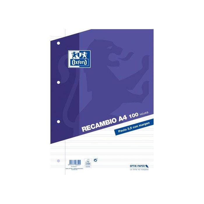 Oxford Recambio Classic 100H A4 Sueltas Pauta 3,5 mm C-Margen 4 Taladros - Papel OptikPaper, 100 Hojas A4, Rayado Contínuo, 4 Taladros