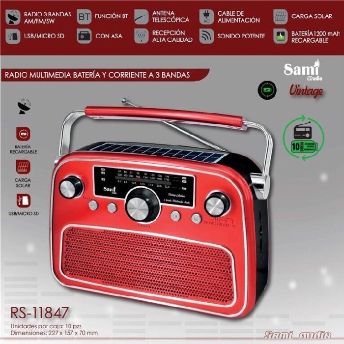 SAMI Radio Multimedia AC/Batería/Solar 3 Bandas - Color Rojo