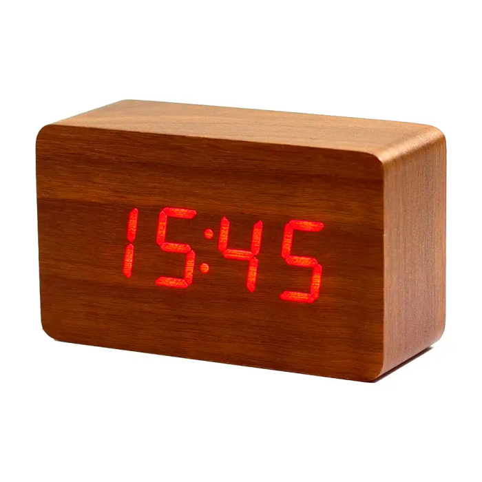 Q-connect Reloj de Sobremesa Digital con Acabado en Madera y Luz Roja 100x40x60mm 3