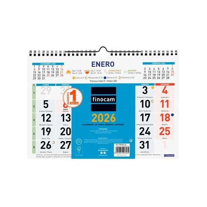 Finocam Calendario de Pared Números Grandes 300x210 mm Anual 2026 Con Espiral y Colgador, Ideal Oficina y Hogar