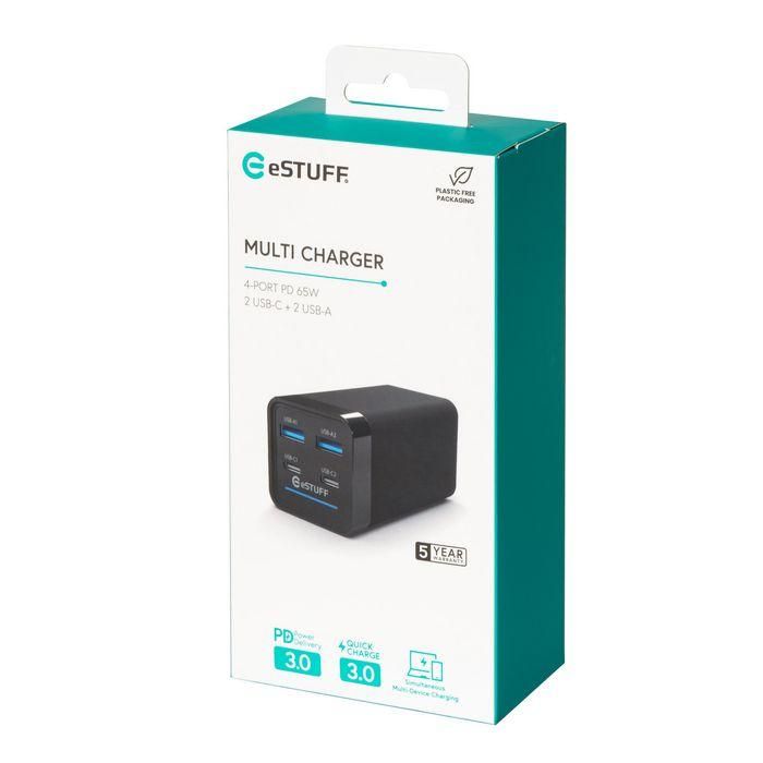 eSTUFF Cargador Multi PD GaN 65W, 4 Puertos (2 USB-C 45W/20W y 2 USB-A 12W). Carga Rápida para Portátiles y Smartphones 8