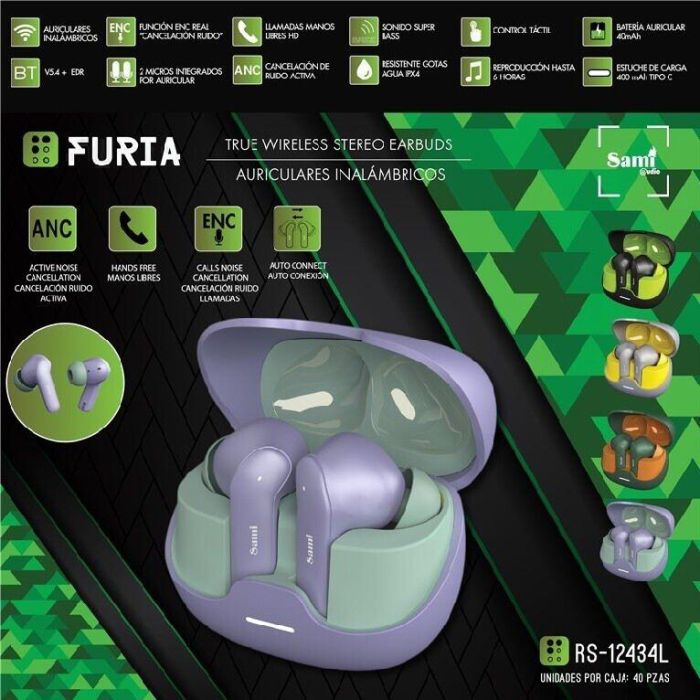 Sami Auriculares FURIA TWS Inalámbricos Bluetooth Bicolor Lila 40mAh/400mAh