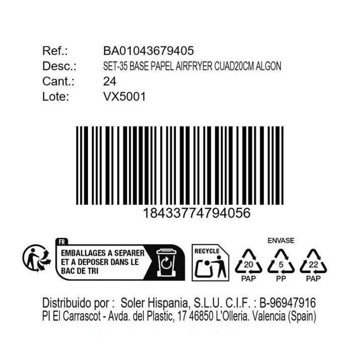 Inde Set 35 Bases Papel Airfryer Cuadradas 20 cm 10