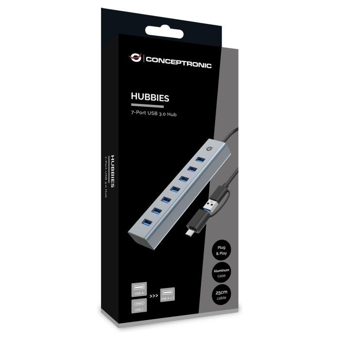 Conceptronic HUBBIES21G Hub USB 3.0 Gris 7 Puertos USB-A Macho USB-C Macho 5 Gbps 3