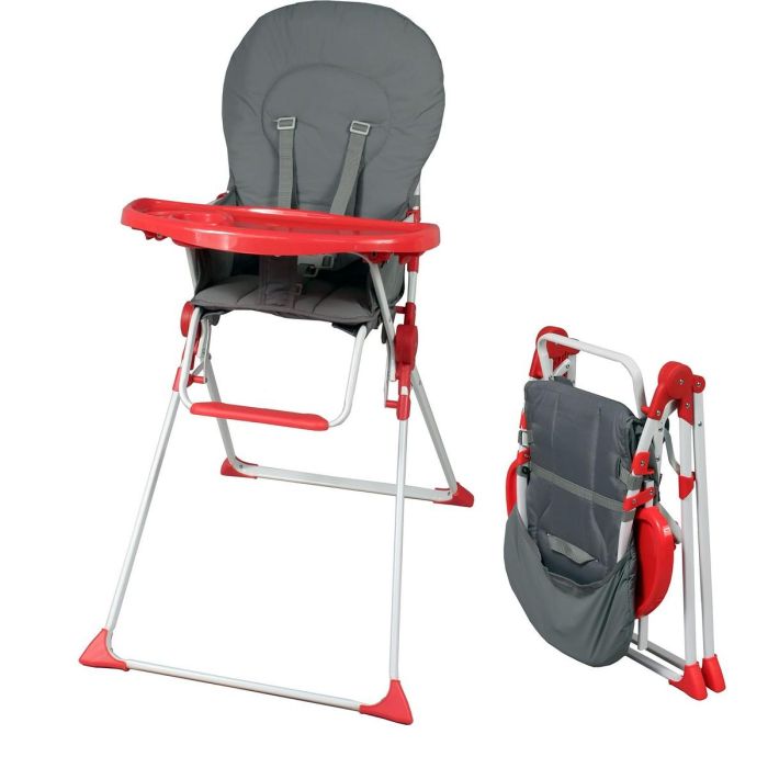Bambisol trona fija para bebé 6-36 meses - plegable compacta, altura y bandeja ajustables, arnés 5 puntos - gris y rojo