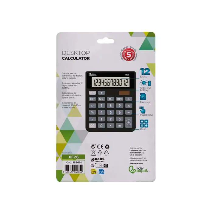Liderpapel Calculadora Sobremesa XF26 12 Dígitos Solar y Pilas Color Negro 127x105x24 mm 4