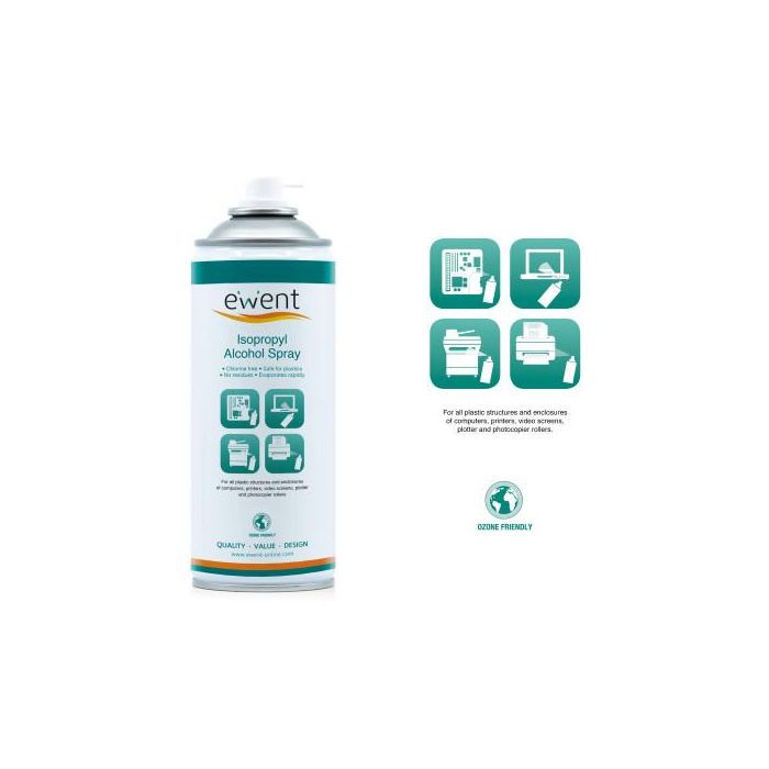 Ewent EW5611 Kit Limpieza Universal Spray Alcohol Isopropílico 400ml para PC, Pantallas, Plásticos. Sin Residuos, Evaporación Rápida 1