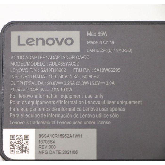 Lenovo AC power adapter, 65W output, supports 20V, 15V, 9V, 5V voltages, dual-port design, worldwide compatibility. 9 Lenovo AC power adapter, 65W output, supports 20V, 15V, 9V, 5V voltages, dual-port design, worldwide compatibility. 9