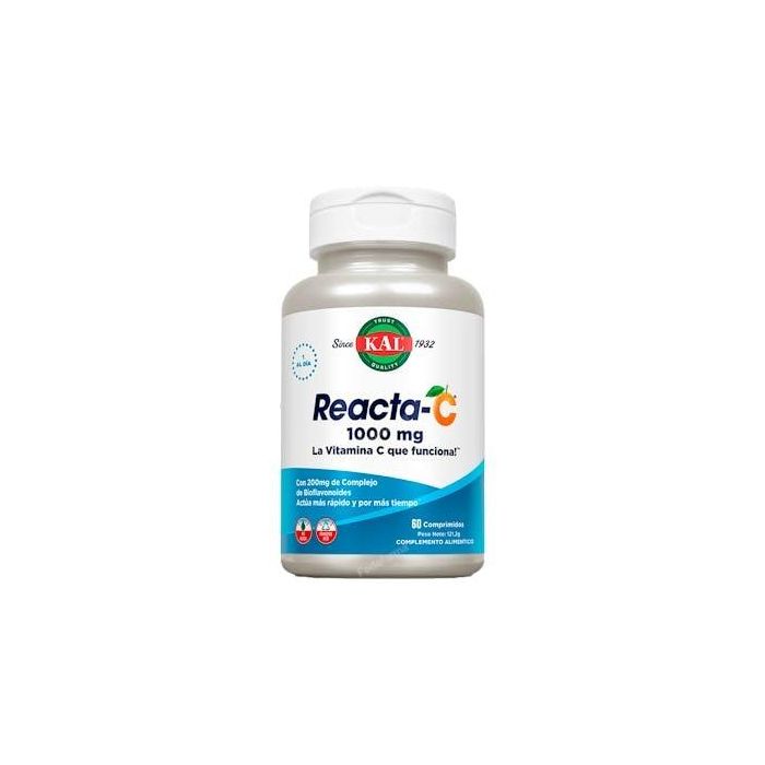 Kal Reacta-C Vitamina C 1000 mg Comprimidos. Fórmula no ácida, acción rápida y duradera. Apto para veganos. 60 Comprimidos
