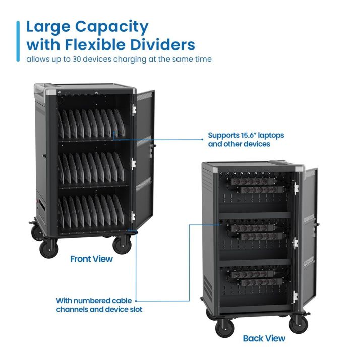 Ewent EW1700 Carro de Carga Inteligente para 30 Dispositivos, Tablets, Chromebooks y Portátiles hasta 17", Sistema de Carga Inteligente, Estantes Flexibles, Negro 2