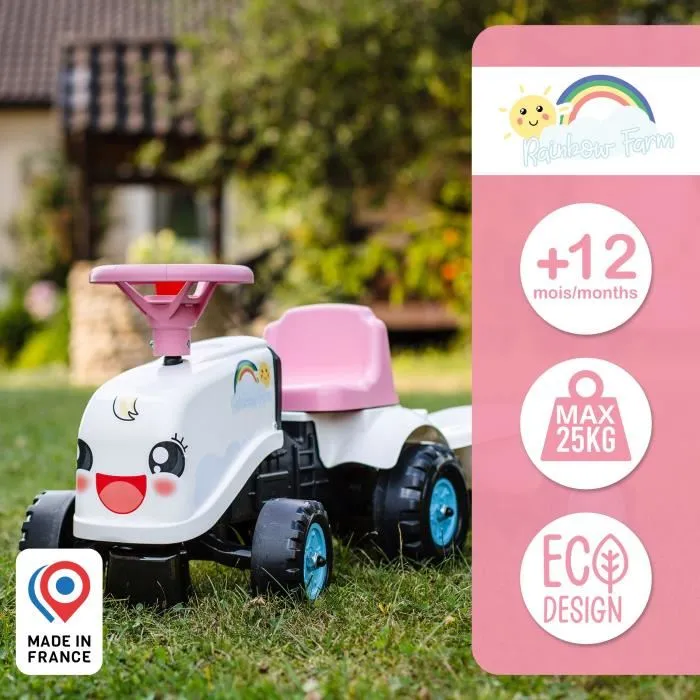 Falk Tractor Rainbow Farm con remolque para niños de 1 año. Colores pastel. Fabricado en Francia. 3