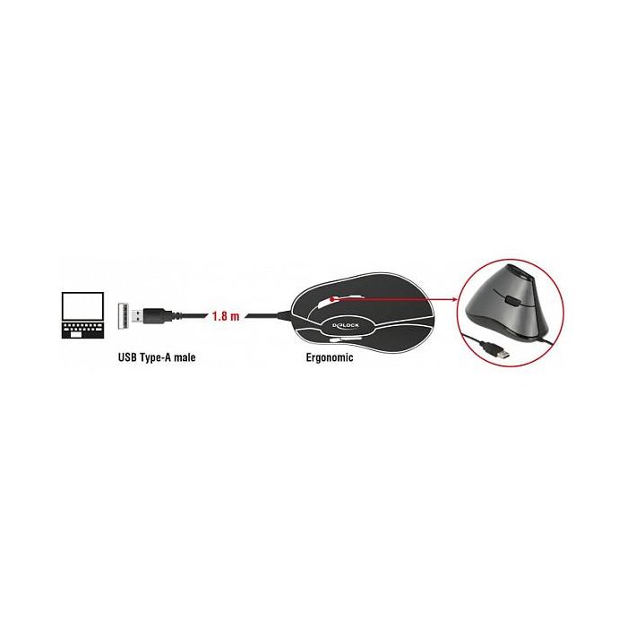 DELOCK Ratón Ergonómico Vertical Óptico USB 1.8m Cable 800 DPI Negro Gris 12527 DELOCK Ratón Ergonómico Vertical Óptico USB 1.8m Cable 800 DPI Negro Gris 12527