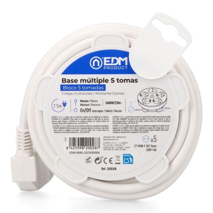 Prolongador redondo con 5 tomas 2p+t schuko, con interruptor, 16 a 250 v, cable h05vv-f 3g1,5mm² de 1,5 m, blanco 4 Prolongador redondo con 5 tomas 2p+t schuko, con interruptor, 16 a 250 v, cable h05vv-f 3g1,5mm² de 1,5 m, blanco 4