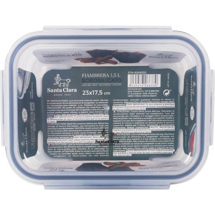 Fiambrera Hermética Santa Clara Transparente Rectangular 1,5 L (6 Unidades) 1 Fiambrera Hermética Santa Clara Transparente Rectangular 1,5 L (6 Unidades) 1