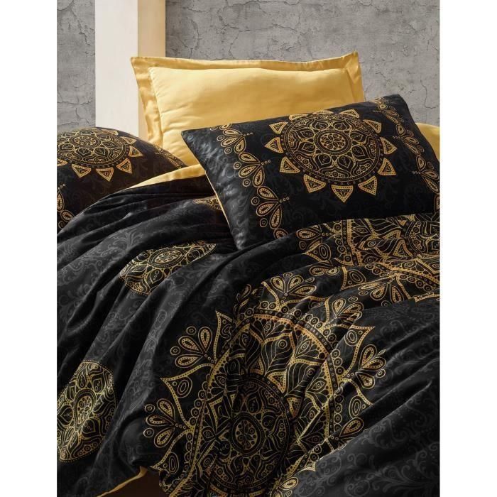 Juego de cama - 1 funda nórdica 220x240 cm + 2 fundas de almohada 60x60 cm - 100% algodón satén - Negro 1 Juego de cama - 1 funda nórdica 220x240 cm + 2 fundas de almohada 60x60 cm - 100% algodón satén - Negro 1