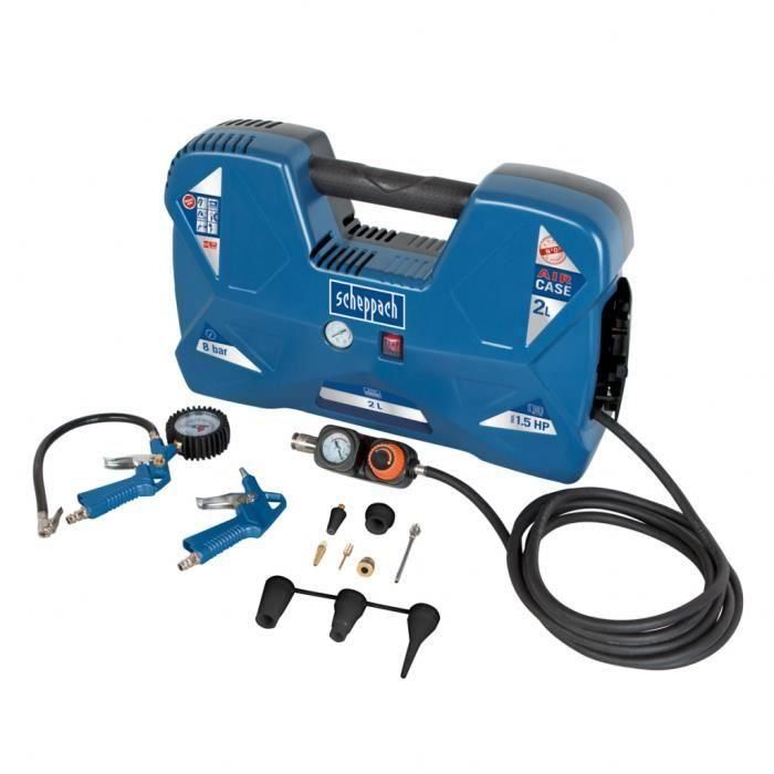Compresor portátil Scheppach AIR CASE - 2L- 1100 W - 8 bares (Entregado con 12 accesorios, una pistola de aire, una manija de inflado) 1 Compresor portátil Scheppach AIR CASE - 2L- 1100 W - 8 bares (Entregado con 12 accesorios, una pistola de aire, una manija de inflado) 1