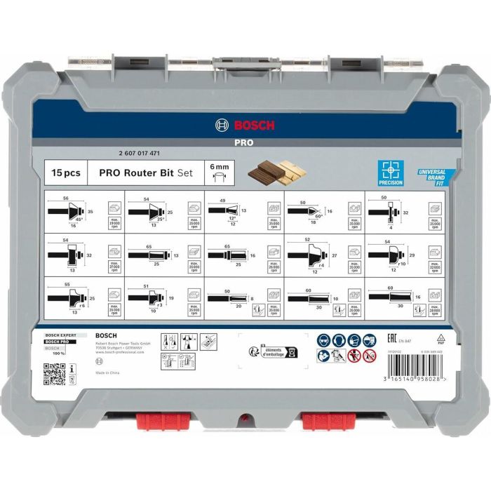 Bosch 2 607 017 471 Juego de Fresas Mixtas 6mm Vástago – 15 Piezas con Diámetros Variados y Estuche de Transporte 8