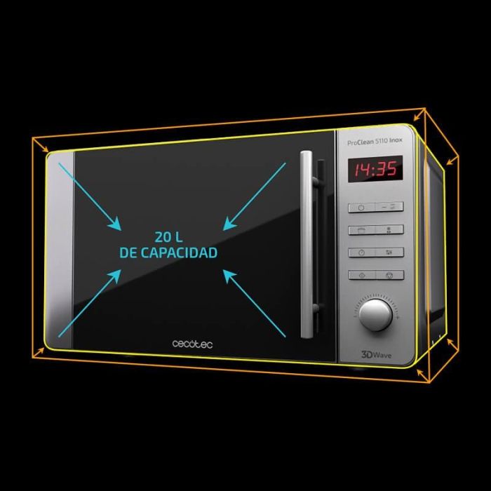 Cecotec ProClean 5110 Inox Microondas con Grill de Encimera 20L 700W/800W, Acero Inox Ready2Clean 3DWave 2 Cecotec ProClean 5110 Inox Microondas con Grill de Encimera 20L 700W/800W, Acero Inox Ready2Clean 3DWave 2