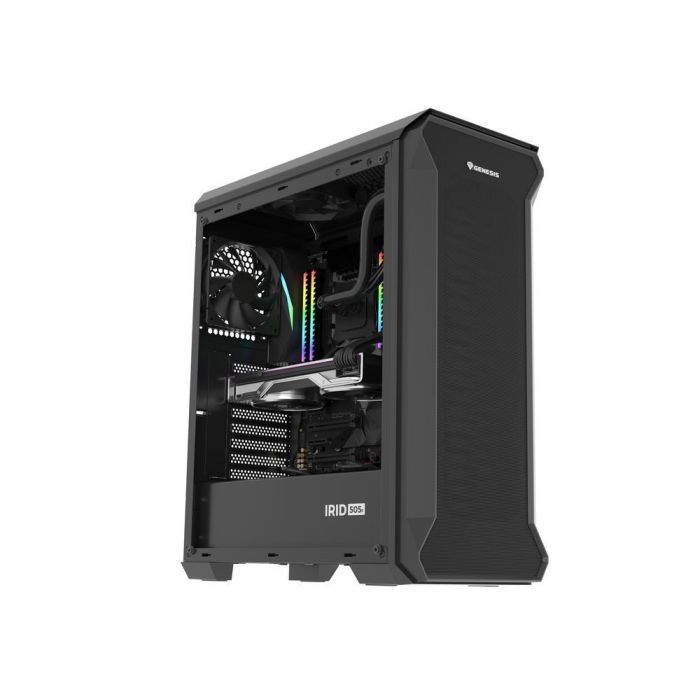 Genesis Irid 505F Caja Gaming Midi Tower ATX/Micro-ATX/Mini-ITX con 5 Ventiladores Preinstalados, Panel Lateral Cristal Templado Negro 8